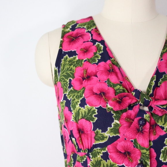 ❌SOLD❌vintage 90s hibiscus floral rayon dress 14 - Picture 4 of 8